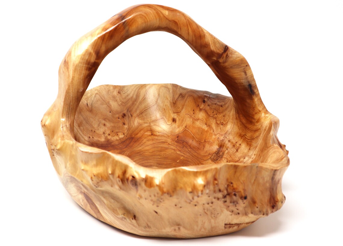 Vintage Hand Carved Fir Wood Basket, Collectible High Quality Luxury Wood Basket for Kitchen/Living Room