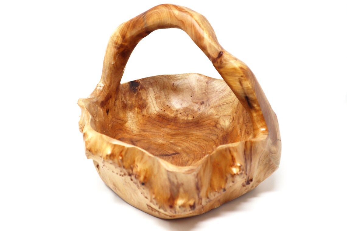 Vintage Hand Carved Fir Wood Basket, Collectible High Quality Luxury Wood Basket for Kitchen/Living Room