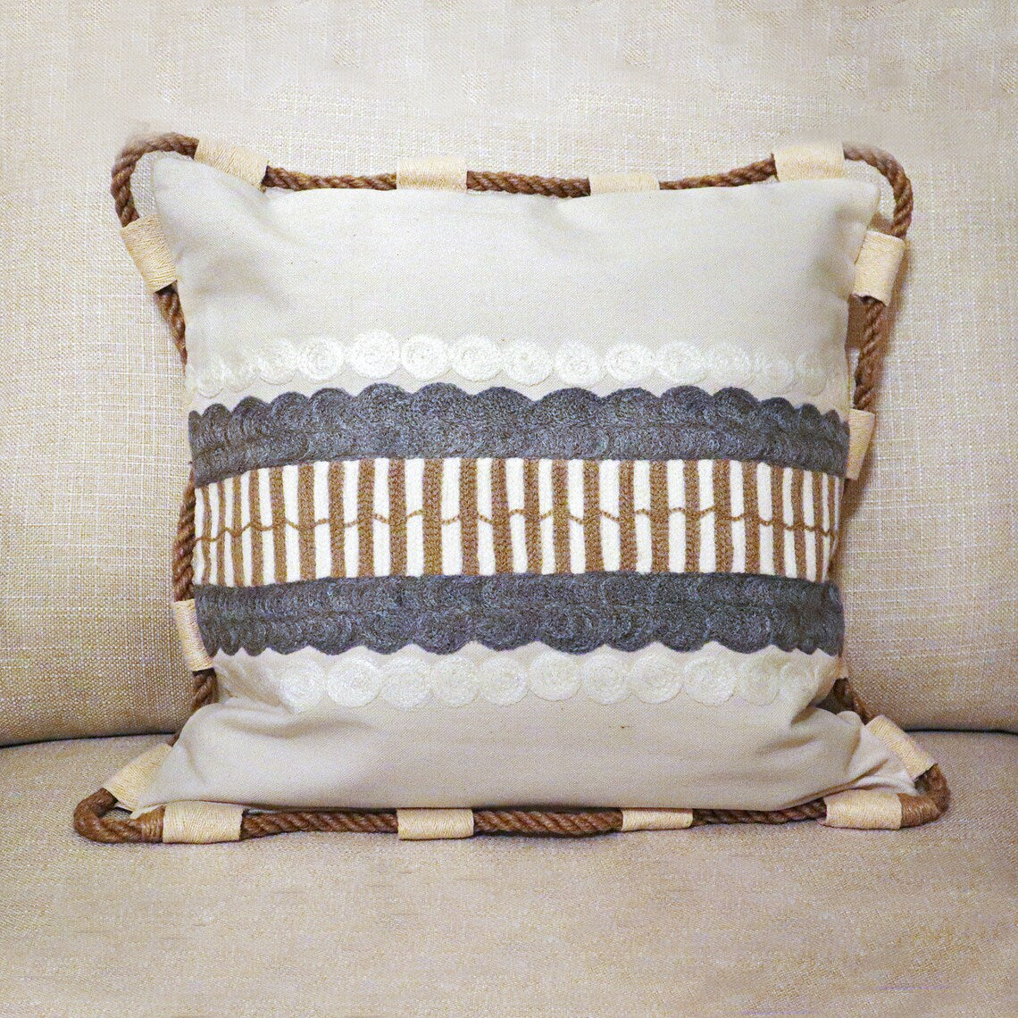 Handmade Embroidered Statement Luxurious Traditional Decorative Rope Cushion Cover, Handmade in Alexandria