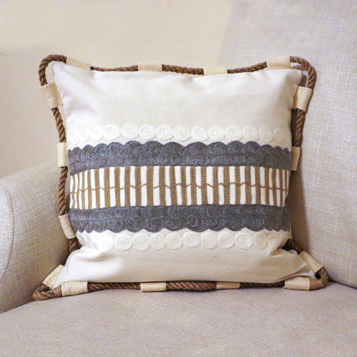 Handmade Embroidered Statement Luxurious Traditional Decorative Rope Cushion Cover, Handmade in Alexandria