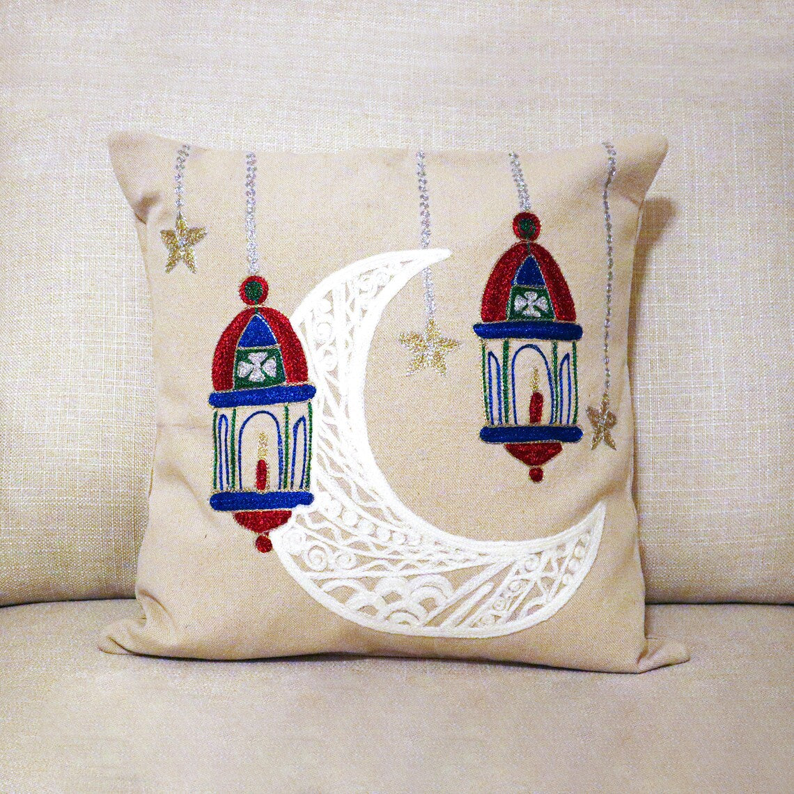 Handmade Embroidered Statement Light Nude Luxurious Traditional Moon Cushion Cover, Handmade in Alexandria
