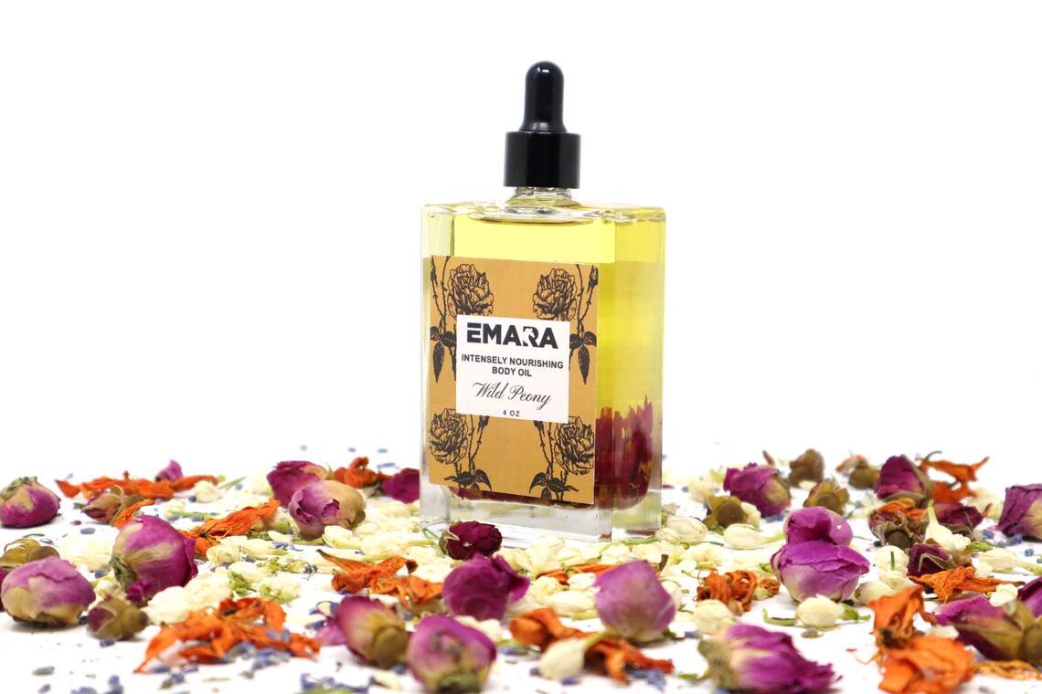 EMARA Intensely Nourishing Wild Peony Body Oil - Perfect Self Care Gift, Handmade, Organic, Vegan, Skin Moisturizing, Soothing Oil