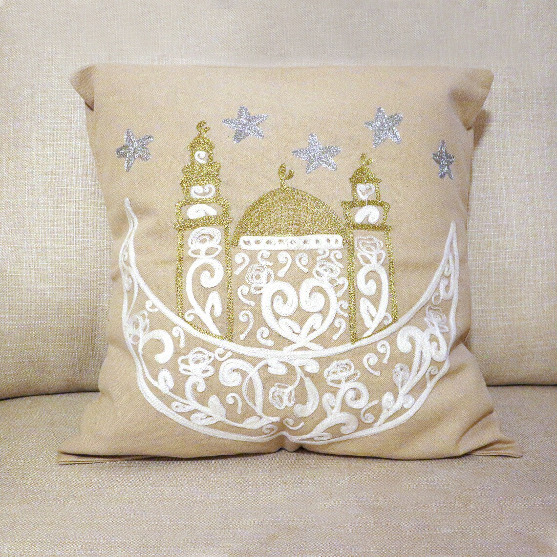 Handmade Embroidered Statement Light Nude Luxurious Traditional Cushion Cover, Handmade in Alexandria