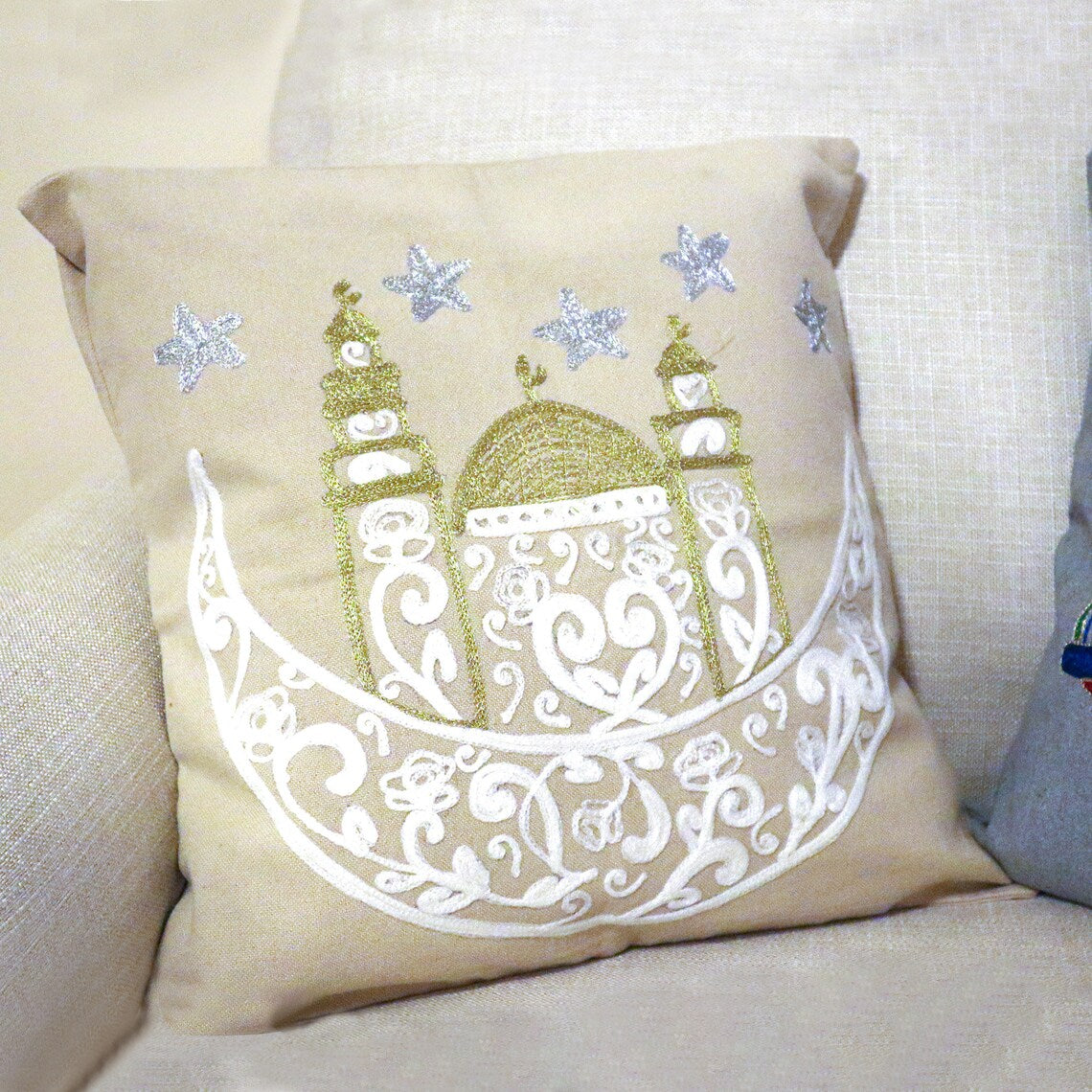 Handmade Embroidered Statement Light Nude Luxurious Traditional Cushion Cover, Handmade in Alexandria