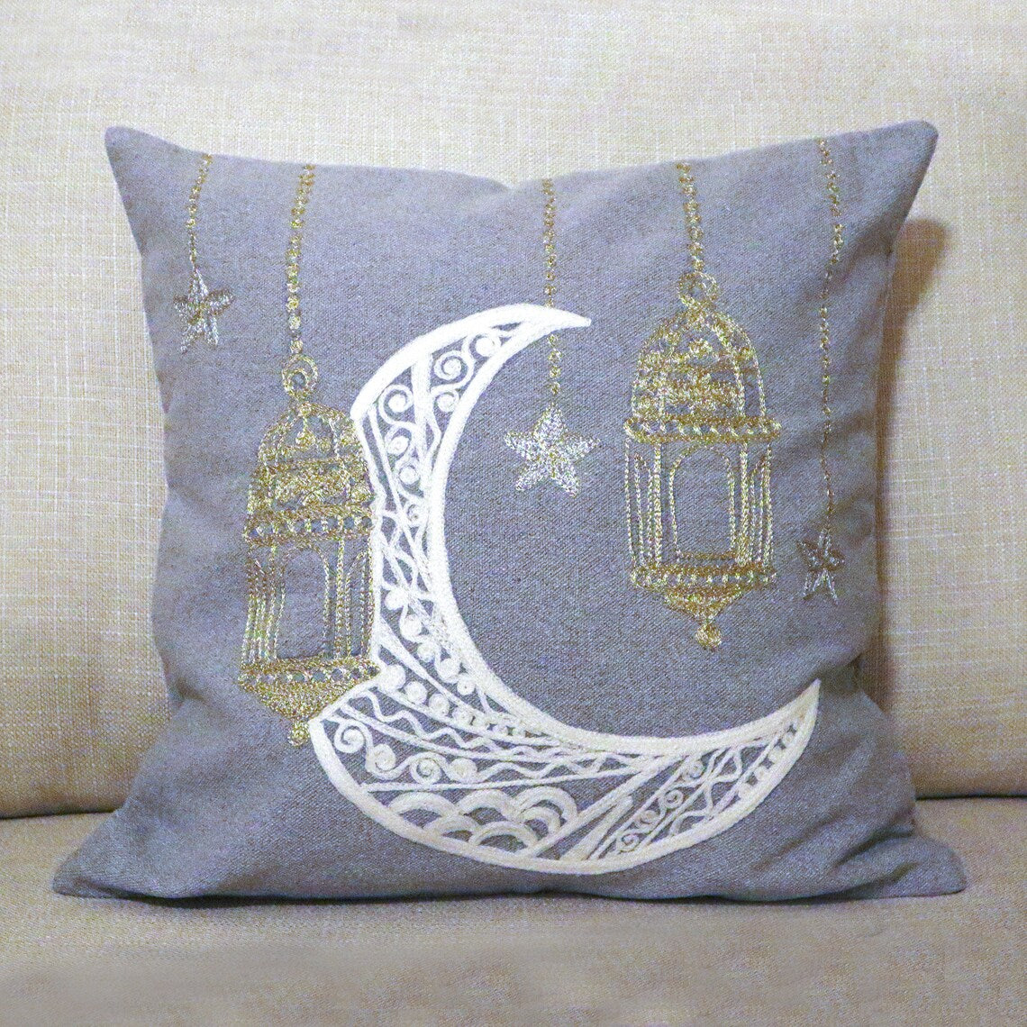 Handmade Embroidered Statement Luxurious Traditional Decorative Moon Cushion Cover, Handmade in Alexandria