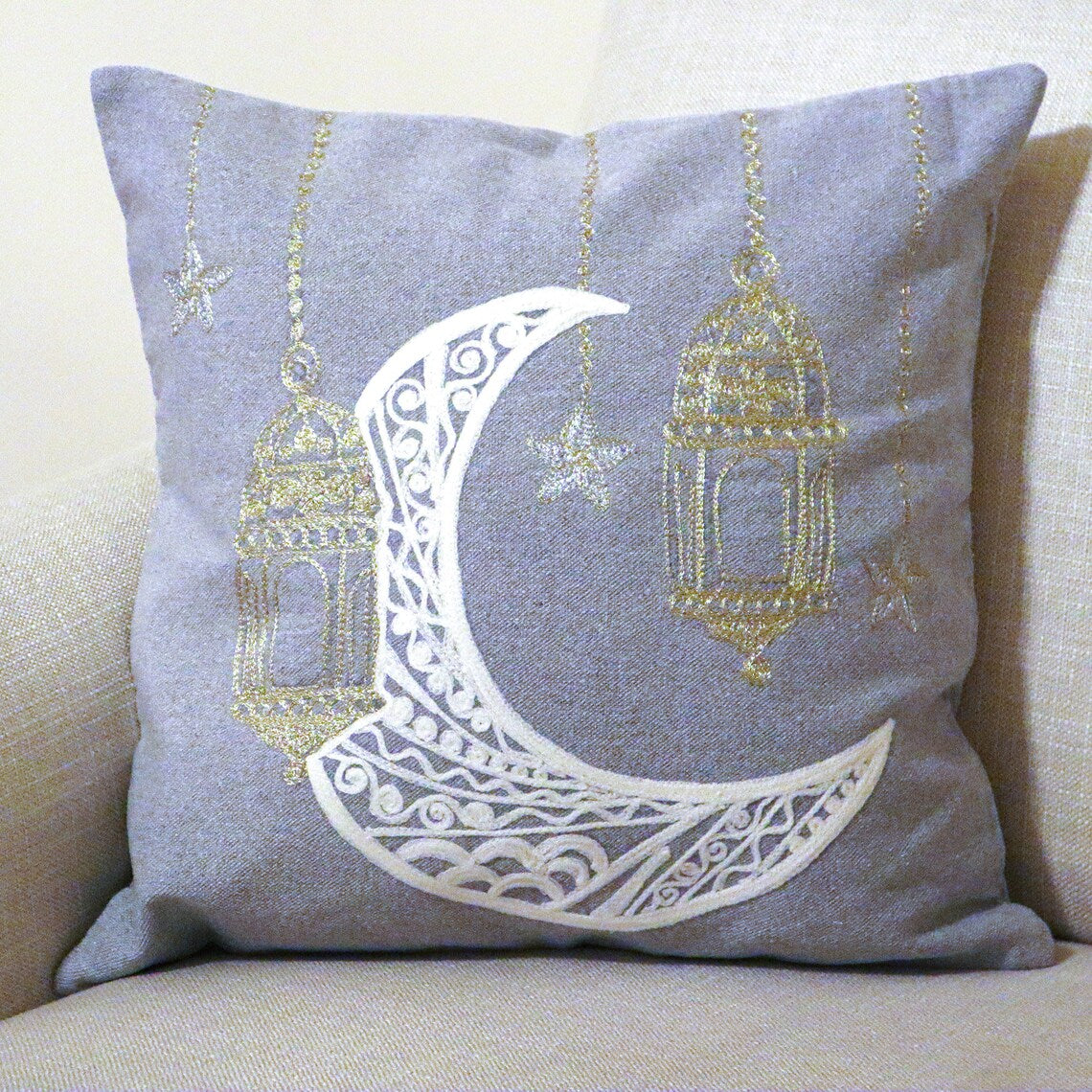 Handmade Embroidered Statement Luxurious Traditional Decorative Moon Cushion Cover, Handmade in Alexandria