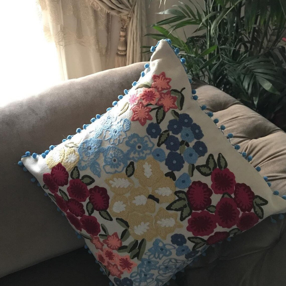 Handmade Embroidered Statement Colorful Flower Luxurious Traditional Cushion Cover, Handmade in Alexandria