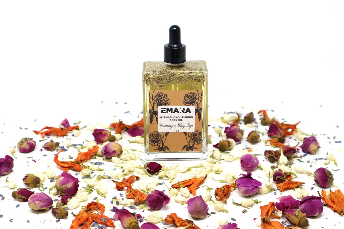 EMARA Intensely Nourishing Rosemary Clary Sage Body Oil - Perfect Self Care Gift, Handmade, Organic, Vegan, Skin Moisturizing, Soothing Oil