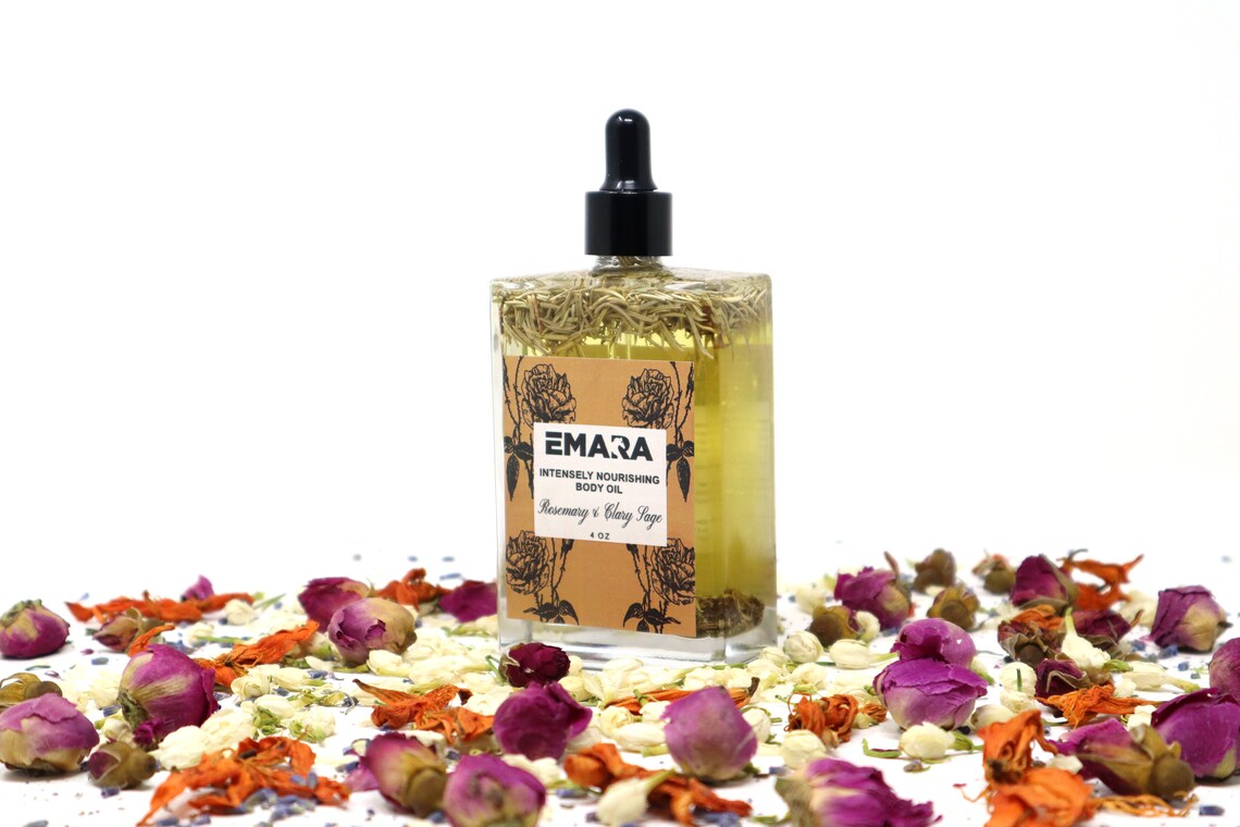 EMARA Intensely Nourishing Rosemary Clary Sage Body Oil - Perfect Self Care Gift, Handmade, Organic, Vegan, Skin Moisturizing, Soothing Oil