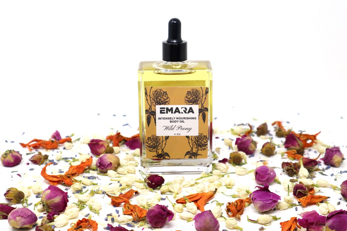 EMARA Intensely Nourishing Wild Peony Body Oil - Perfect Self Care Gift, Handmade, Organic, Vegan, Skin Moisturizing, Soothing Oil