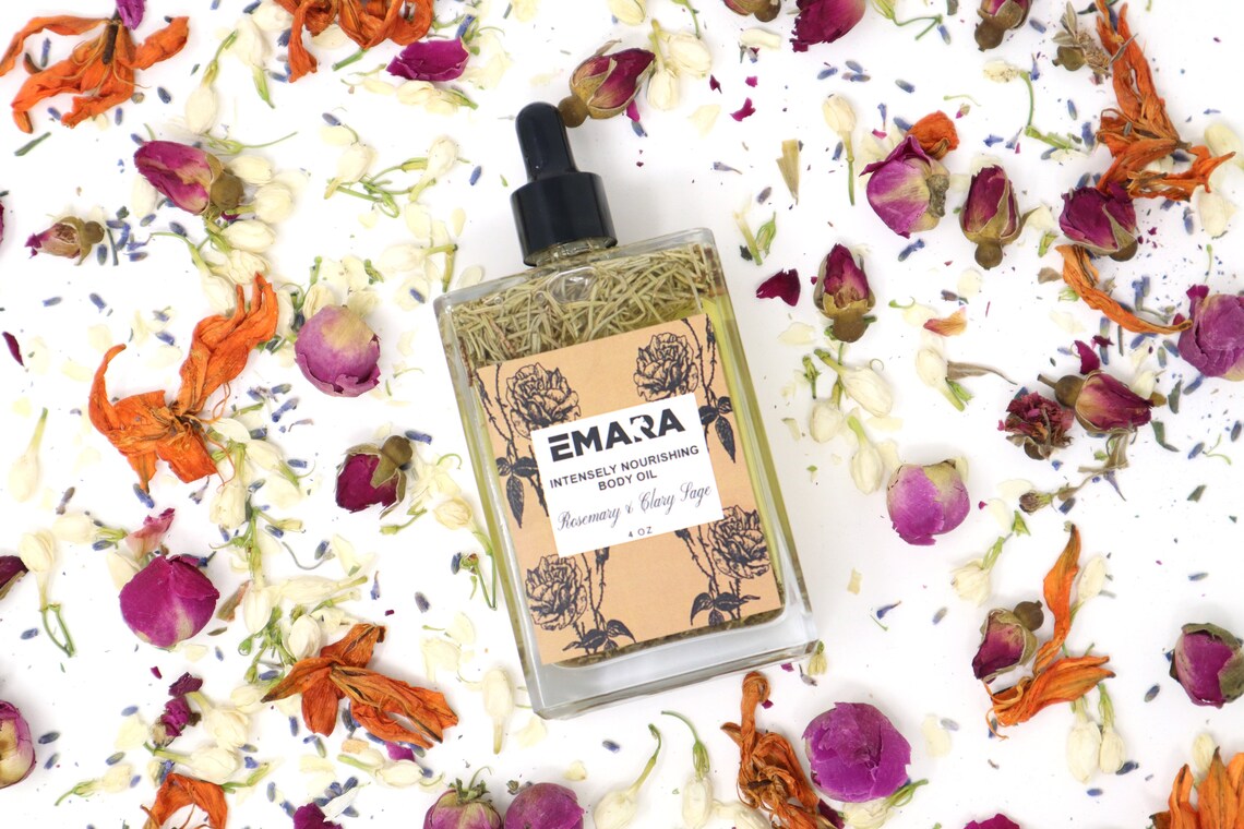 EMARA Intensely Nourishing Rosemary Clary Sage Body Oil - Perfect Self Care Gift, Handmade, Organic, Vegan, Skin Moisturizing, Soothing Oil